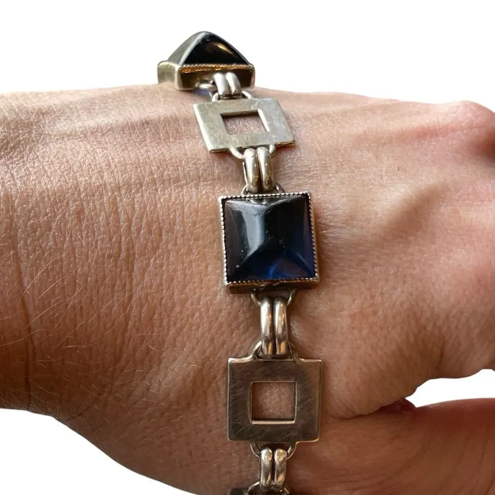 Vintage Art Deco Sterling Silver & Blue Glass Sugarloaf Cabochon Bracelet 8